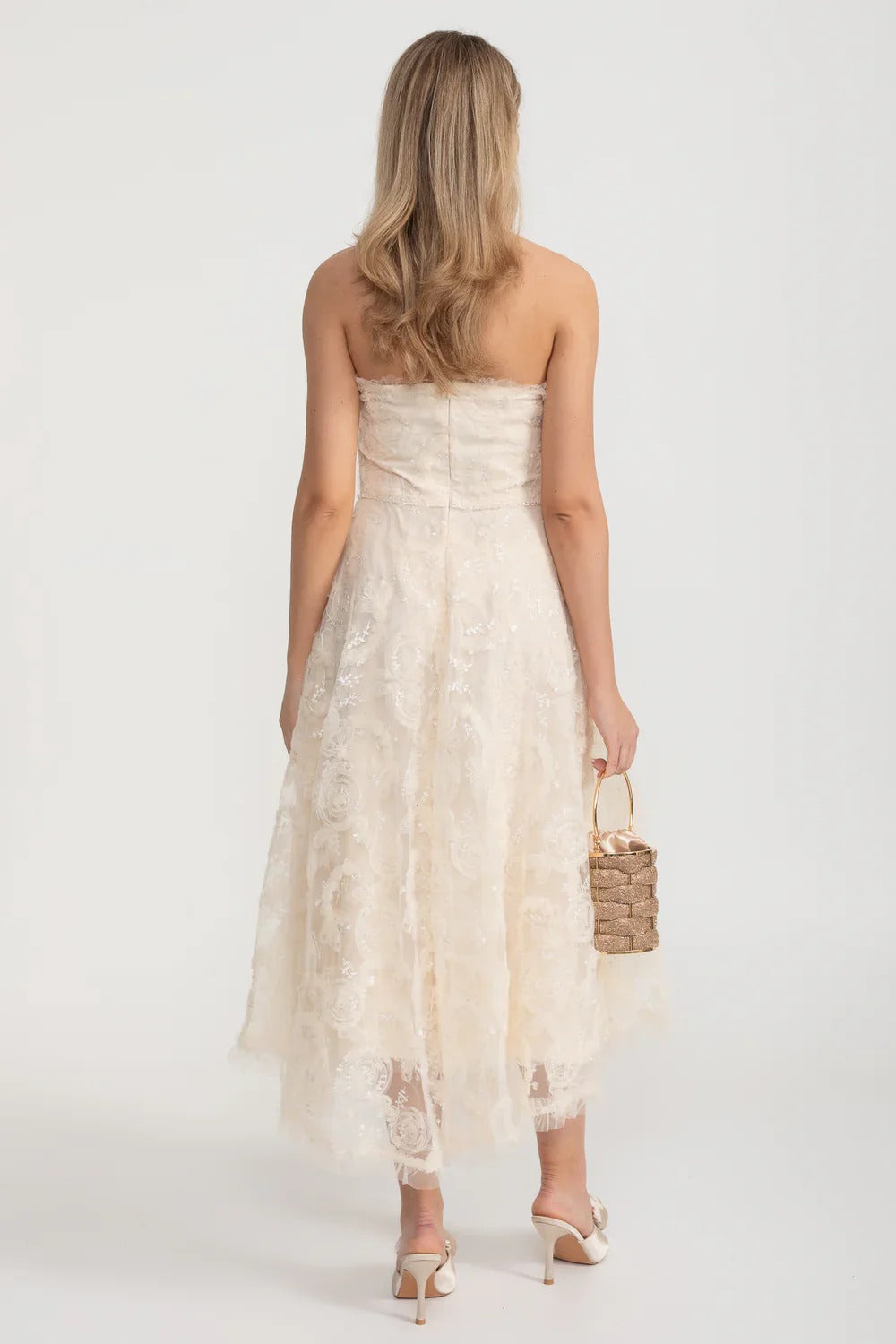 Strapless Lace Midi Dress with Scalloped Hem - Ivoire