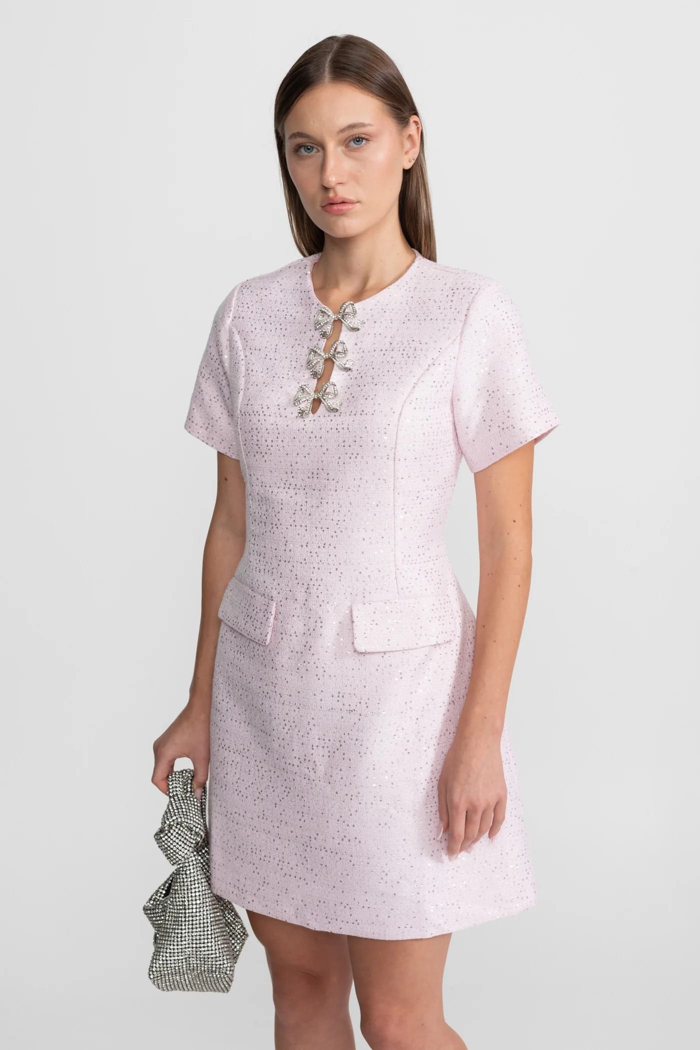 Short Sleeve Mini Dress with Bow Detail Neckline - Pink