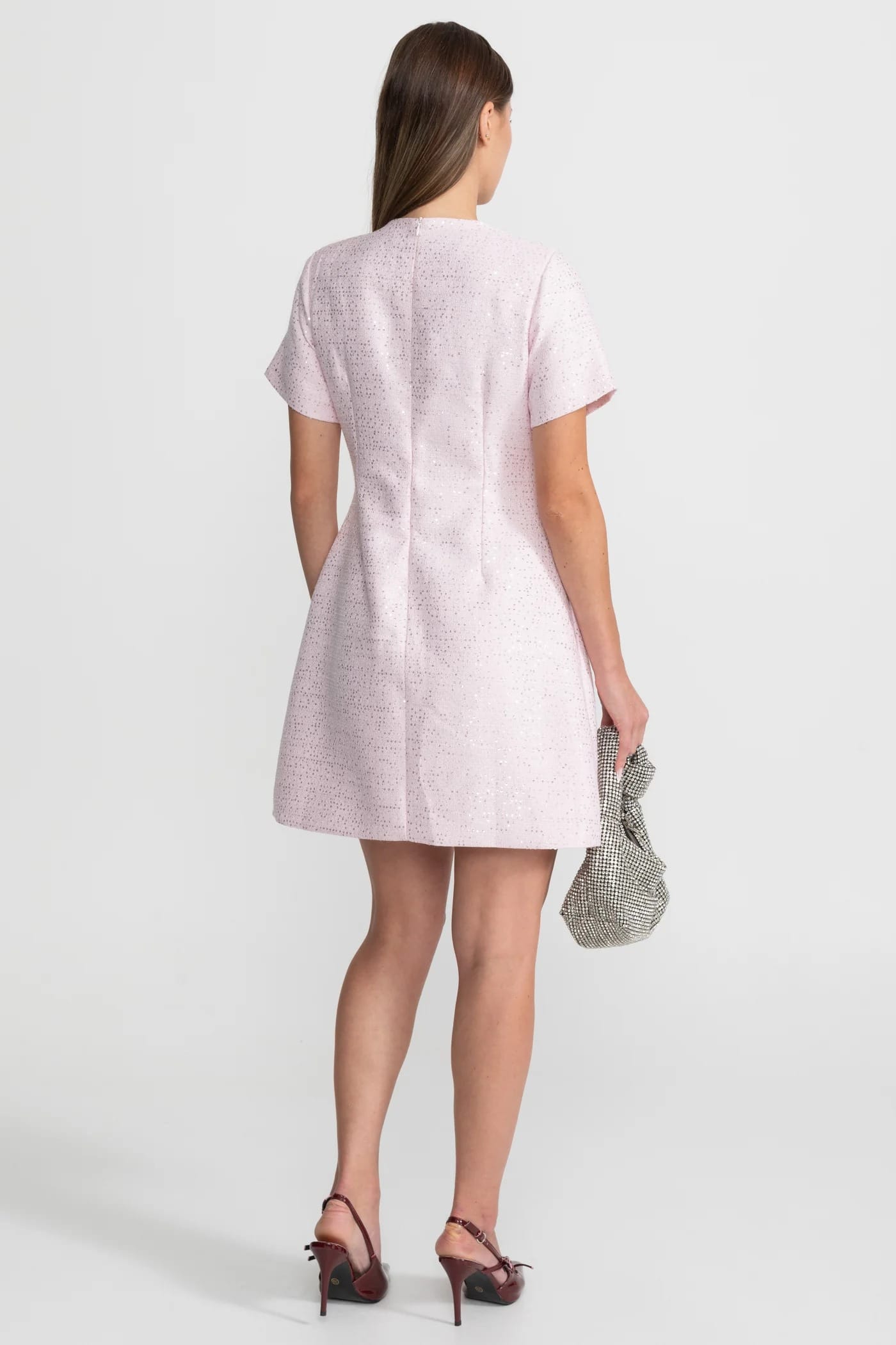 Short Sleeve Mini Dress with Bow Detail Neckline - Pink