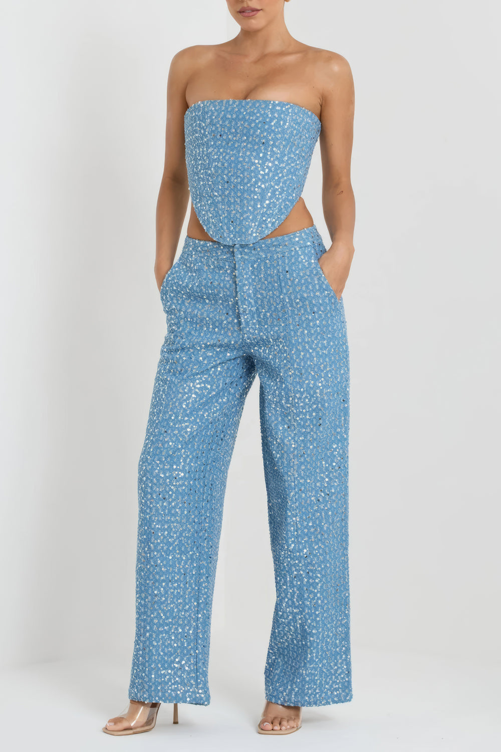 Sequined Strapless Top with Trousers Co-Ord Set