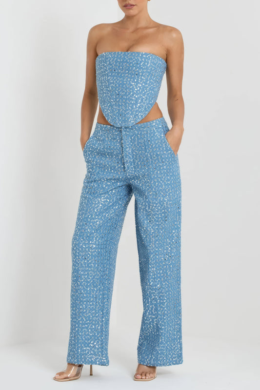 Sequined Strapless Top with Trousers Co-Ord Set