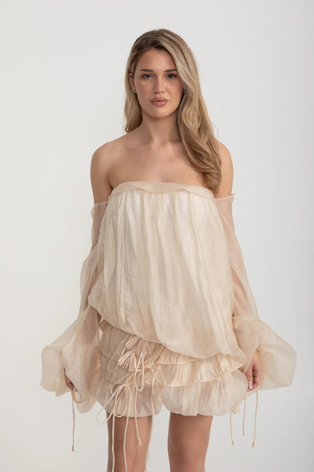 Off-Shoulder Organza Mini Dress with Ruching and Drawstring Detail - Beige