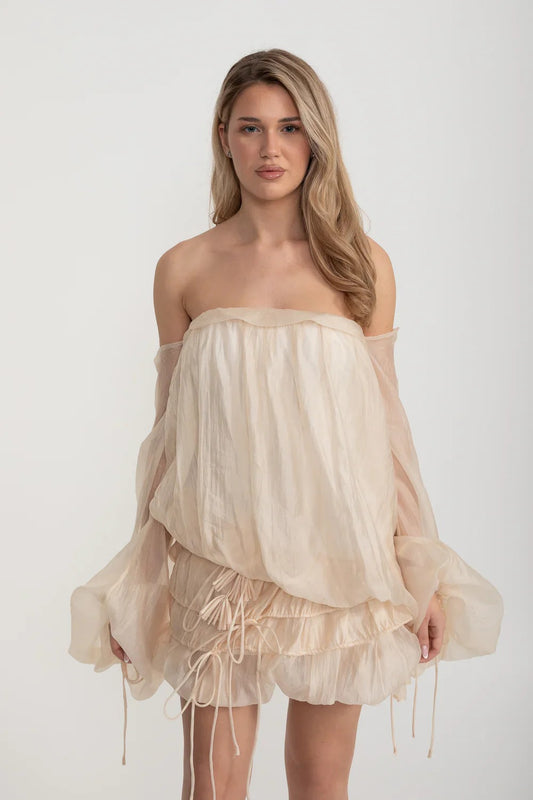 Off-Shoulder Organza Mini Dress with Ruching and Drawstring Detail - Beige