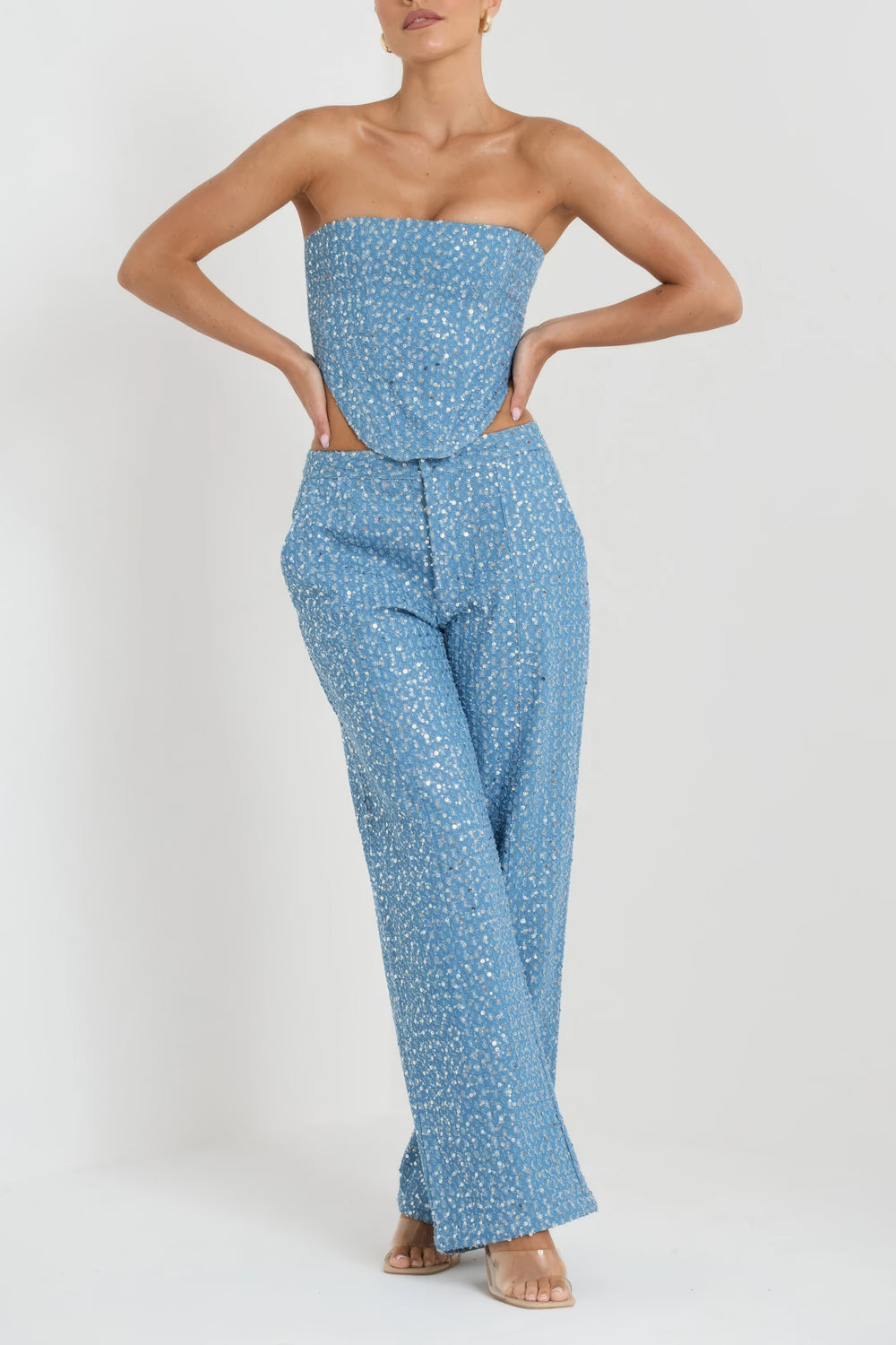 Sequined Strapless Top with Trousers Co-Ord Set