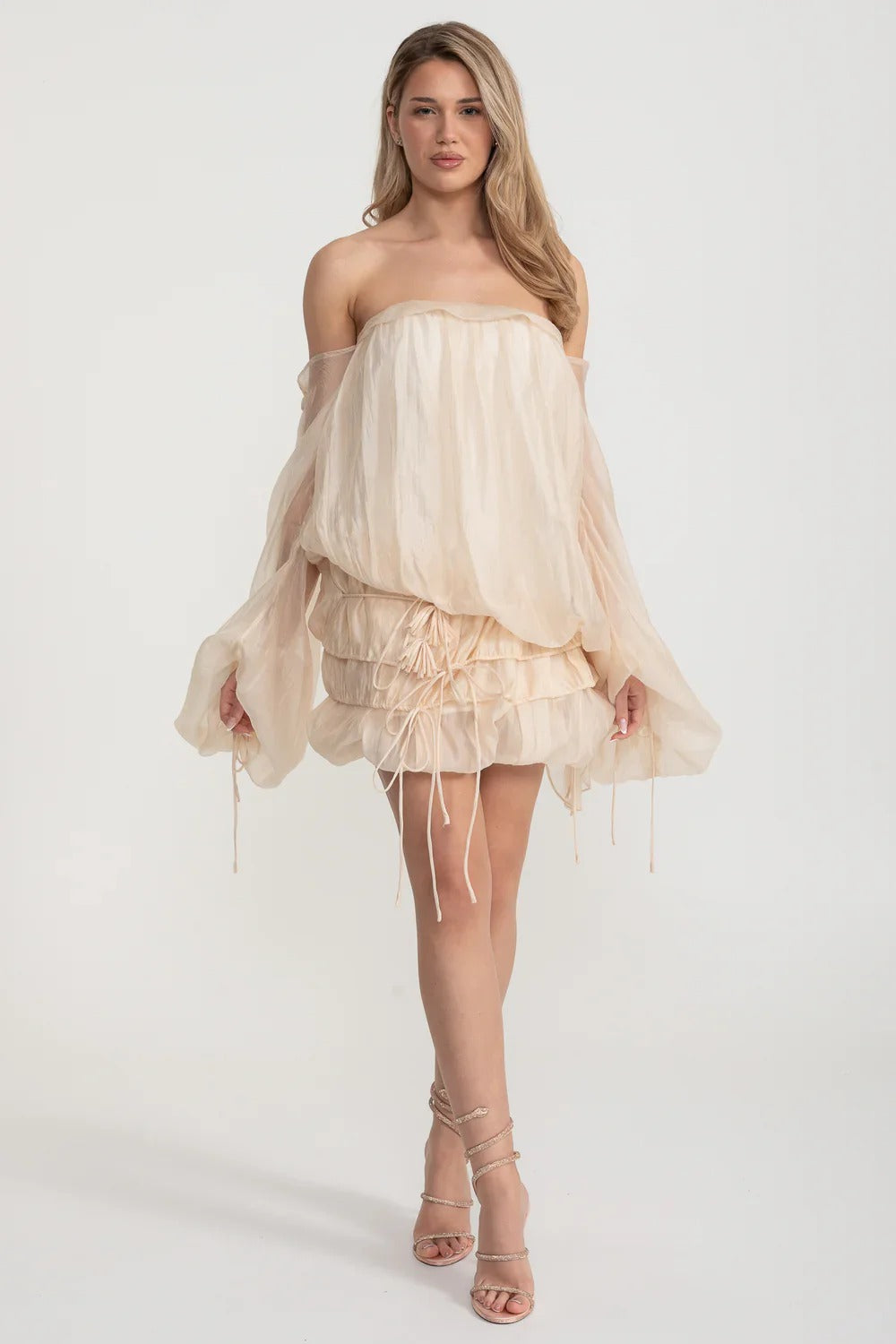 Off-Shoulder Organza Mini Dress with Ruching and Drawstring Detail - Beige