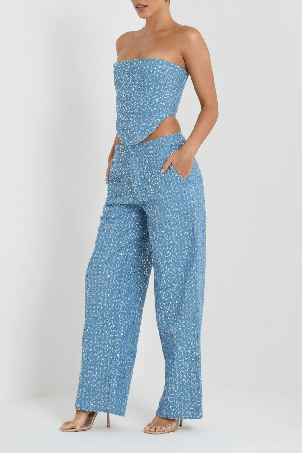 Sequined Strapless Top with Trousers Co-Ord Set