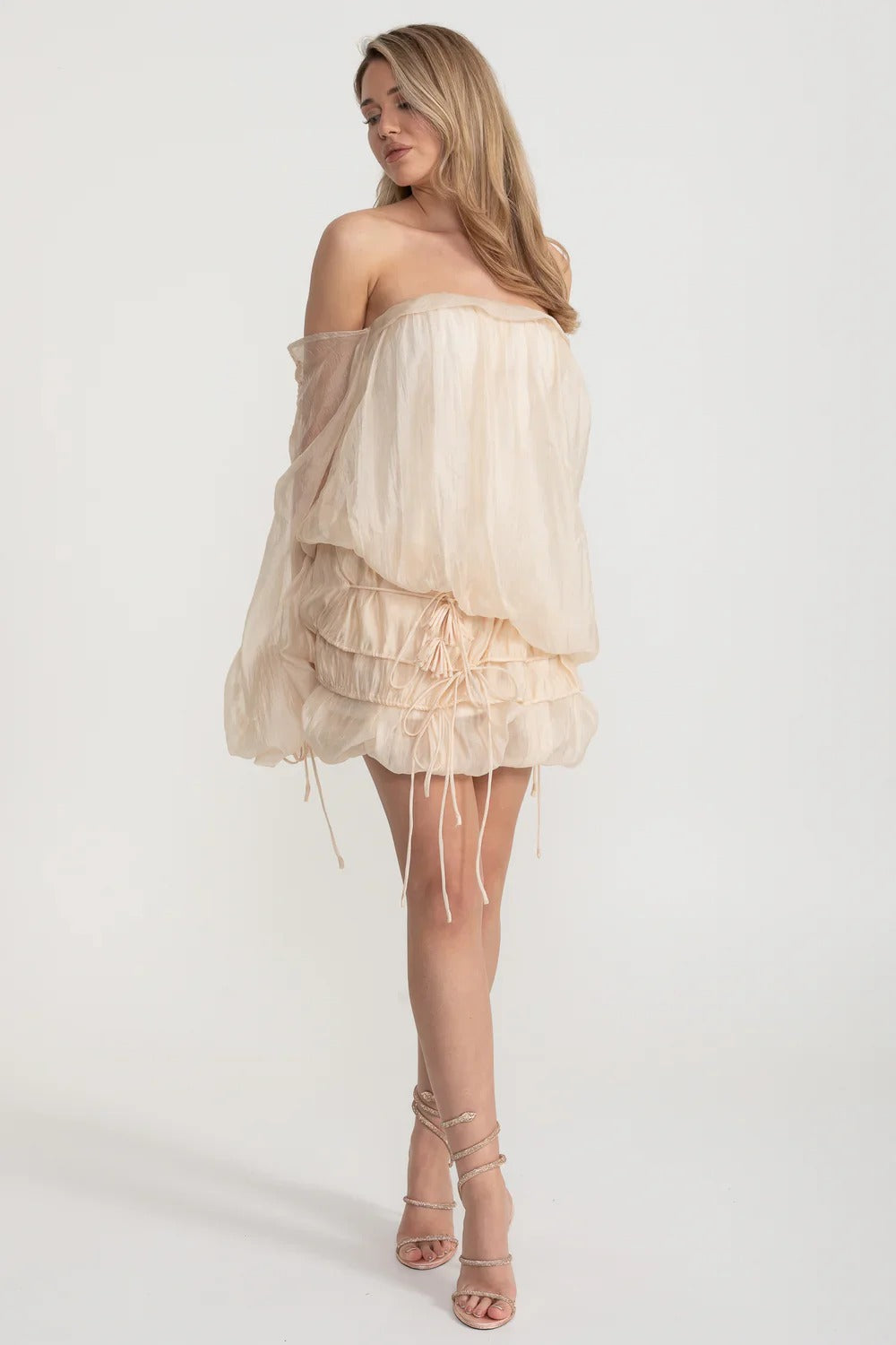 Off-Shoulder Organza Mini Dress with Ruching and Drawstring Detail - Beige