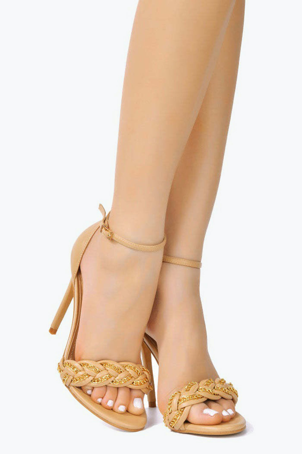 Stiletto Sandals with Chain Braided Strap and Ankle Buckle - Apricot