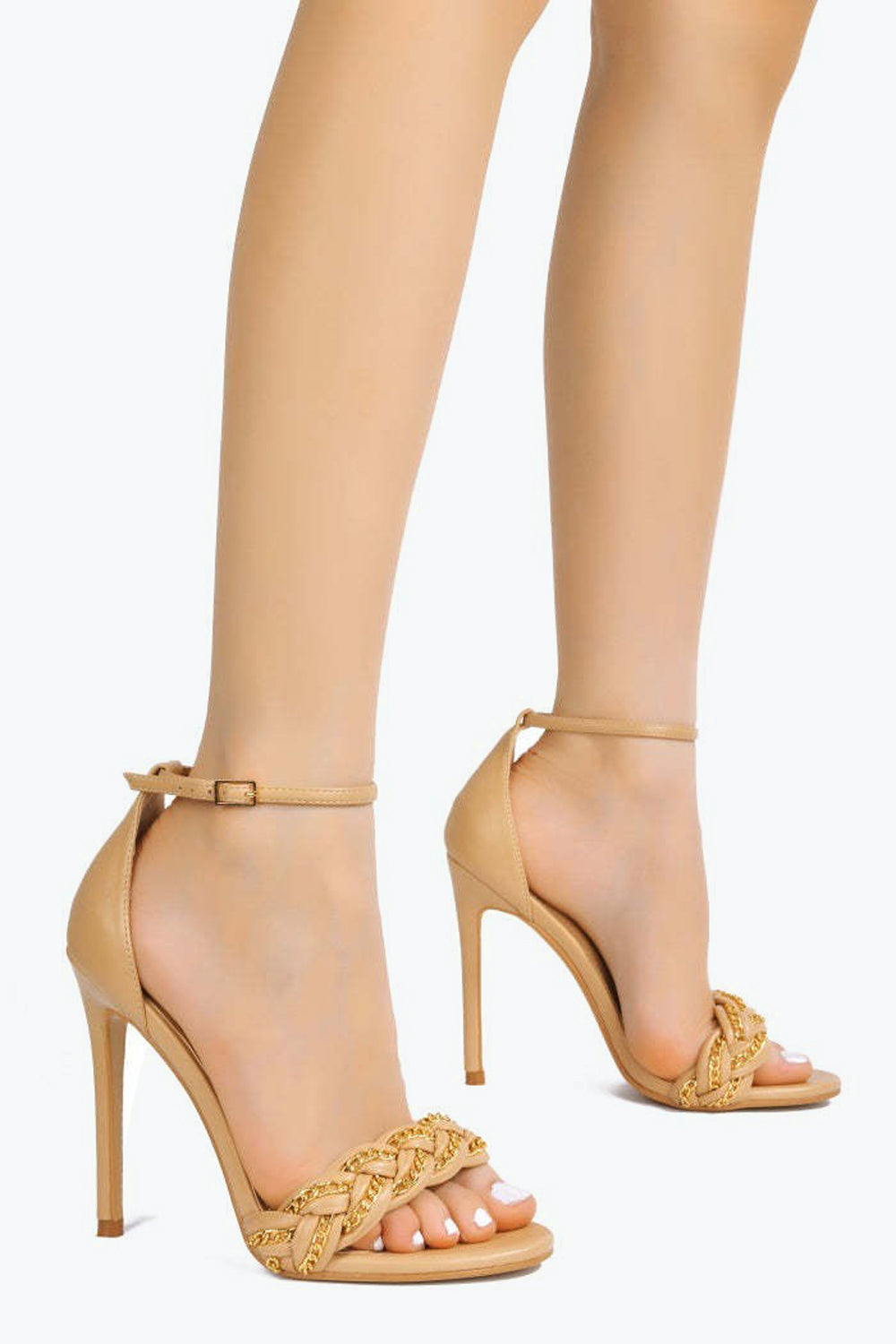 Stiletto Sandals with Chain Braided Strap and Ankle Buckle - Apricot