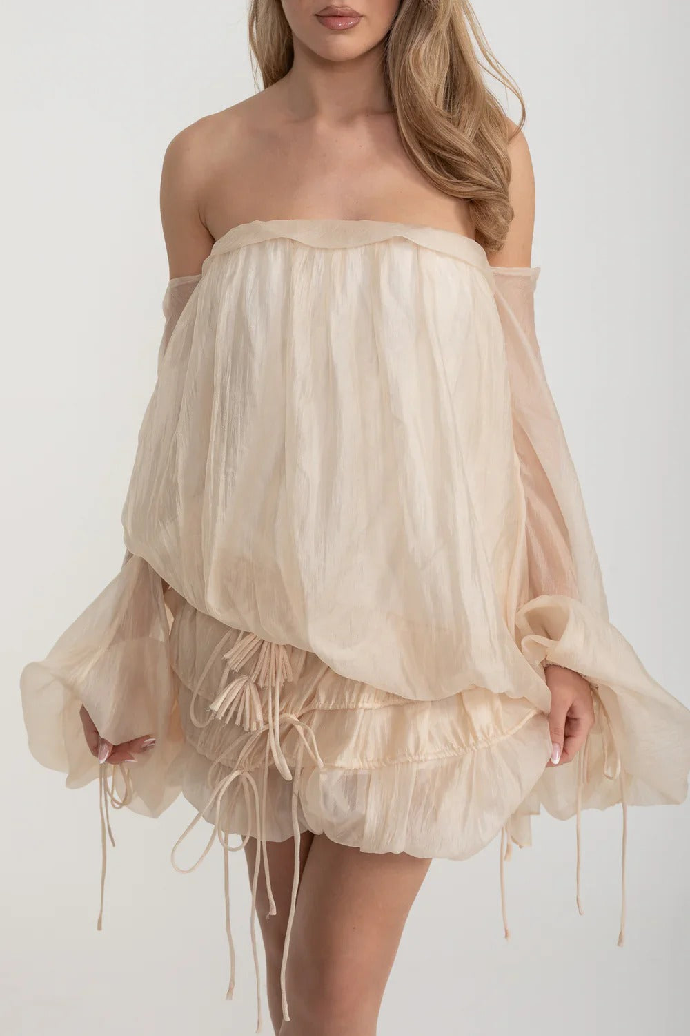 Off-Shoulder Organza Mini Dress with Ruching and Drawstring Detail - Beige