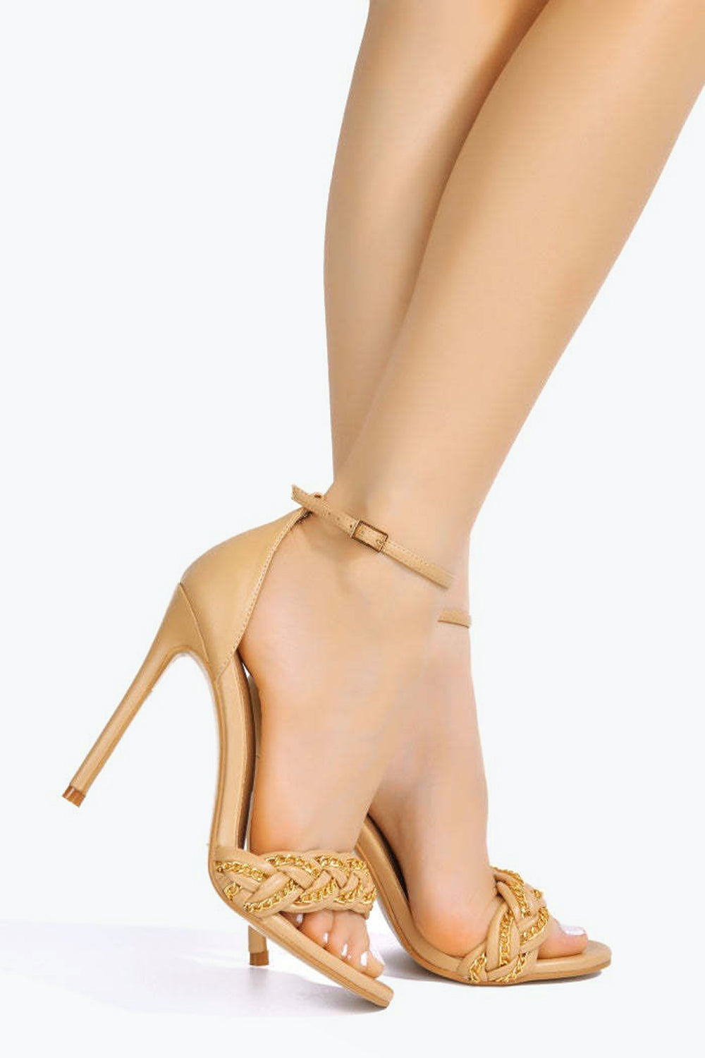 Stiletto Sandals with Chain Braided Strap and Ankle Buckle - Apricot