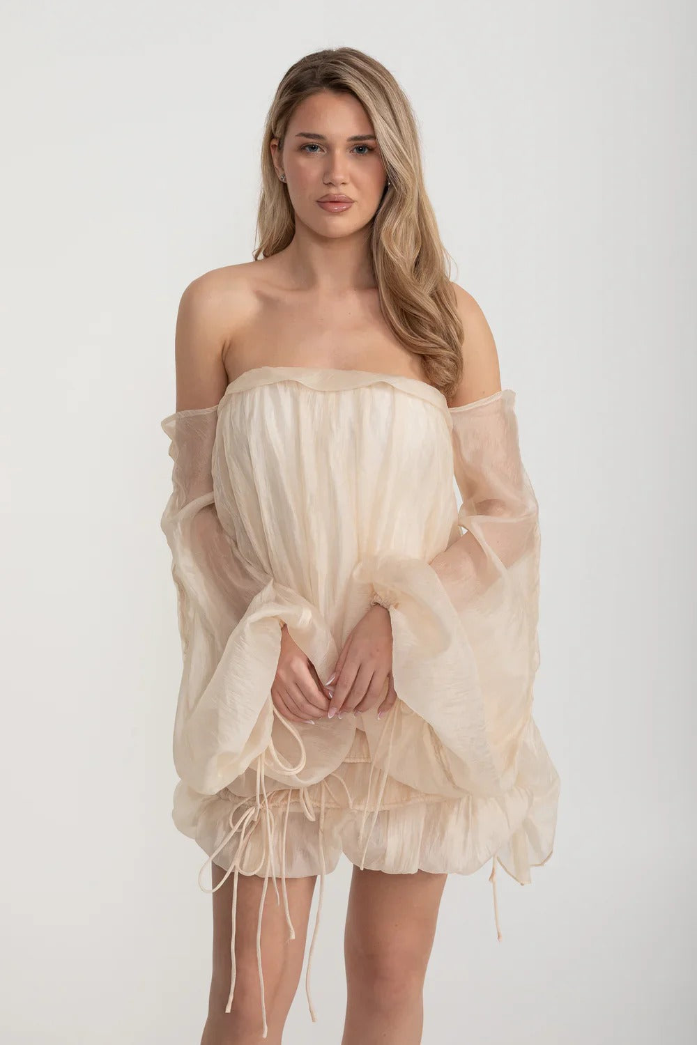 Off-Shoulder Organza Mini Dress with Ruching and Drawstring Detail - Beige