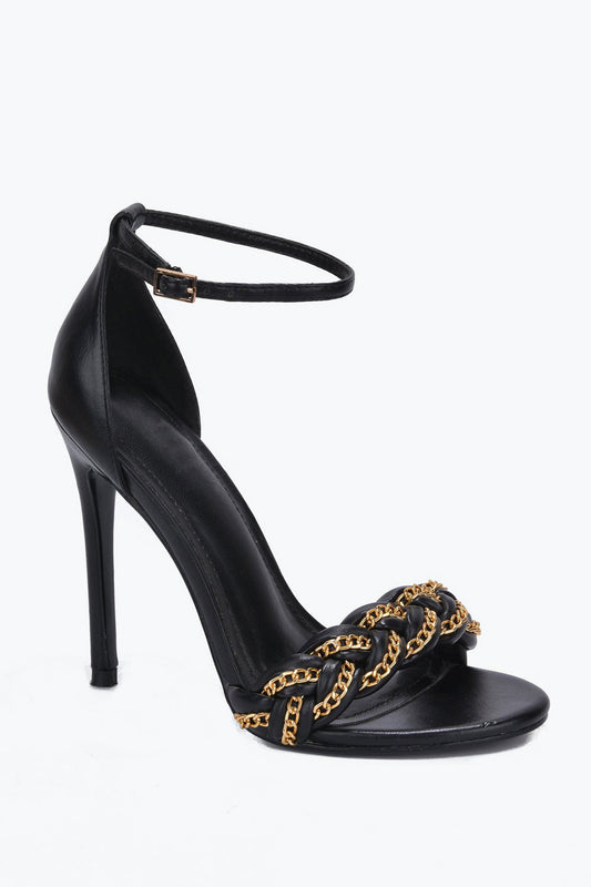 Stiletto Sandals with Chain Braided Strap and Ankle Buckle - Black