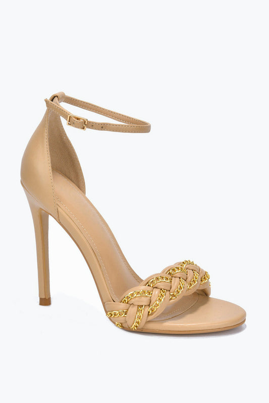 Stiletto Sandals with Chain Braided Strap and Ankle Buckle - Apricot