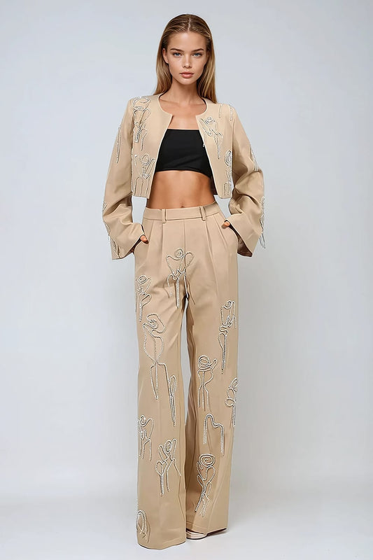 Two-Piece Set with Cropped Jacket and Wide-Leg Trousers - Khaki