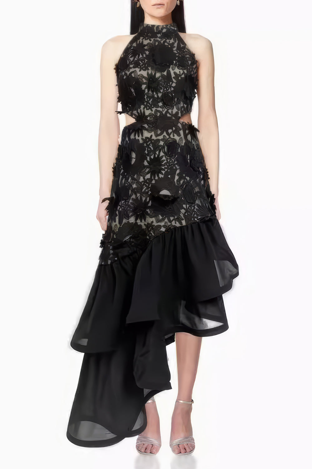 Halter Lace-Embroidered Ruffle Maxi Dress
