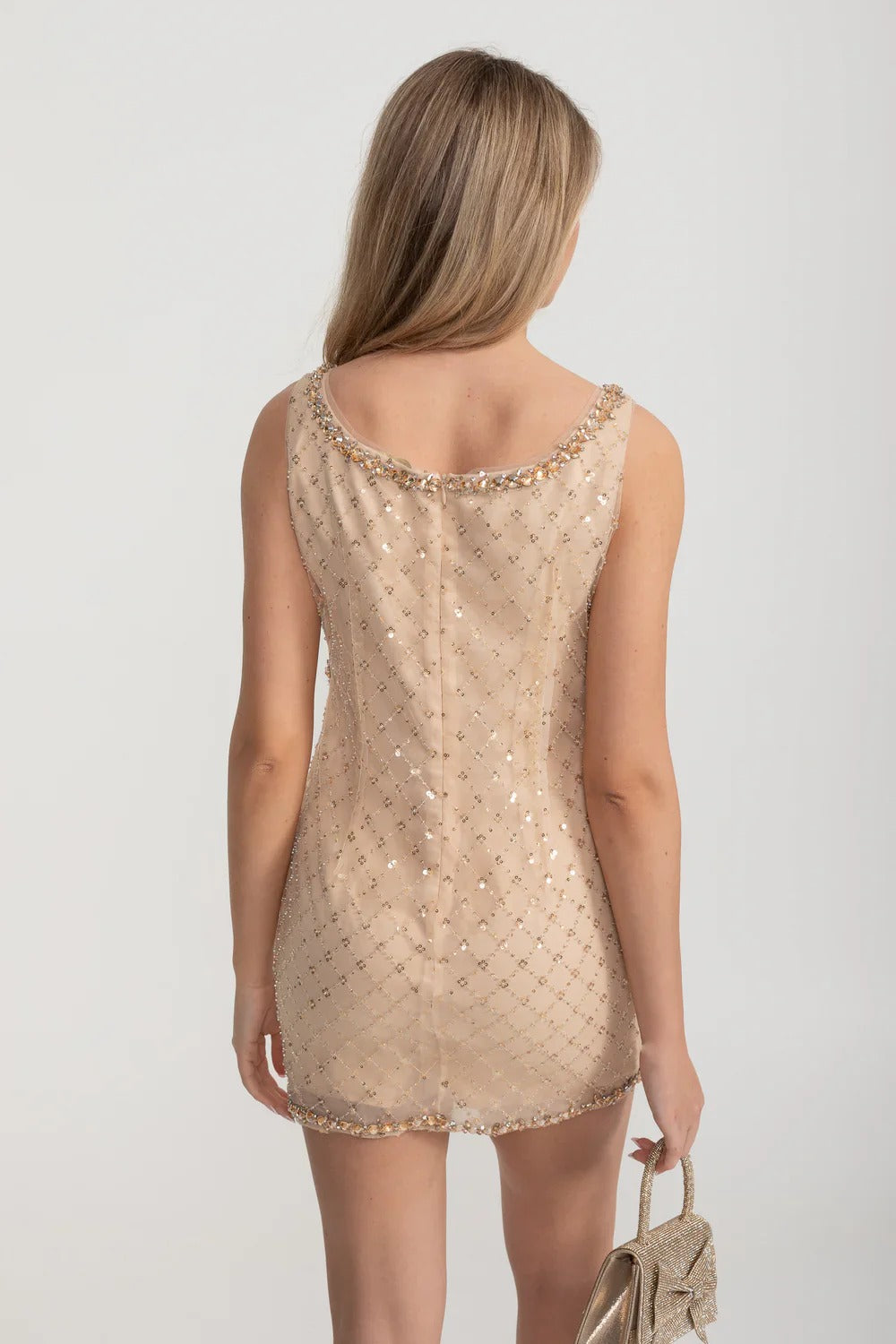 Embellished Mesh Mini Dress with Bow Cutout - Beige