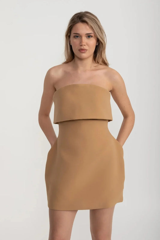 Strapless Sculpted Mini Dress - Beige