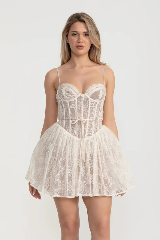 Lace Corset Mini Dress with Flared Skirt and Tie Waist - White