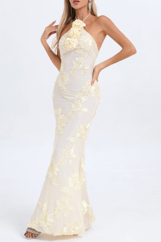 Halter Maxi Dress with Floral Embellishments