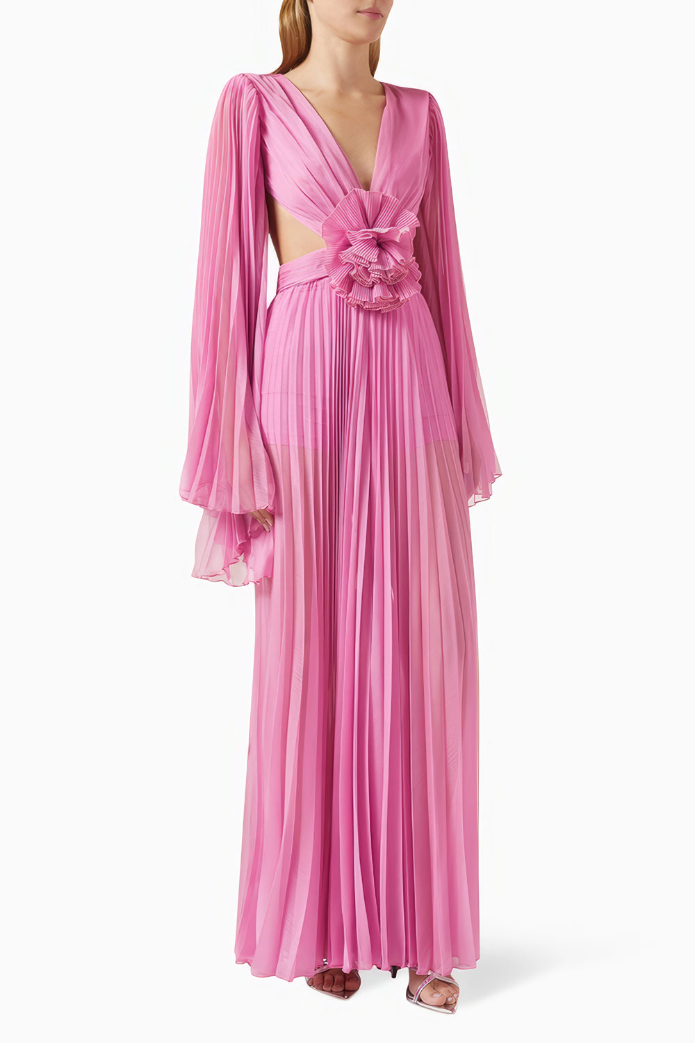 Pleated Bell Sleeve Cut-Out Maxi Dress