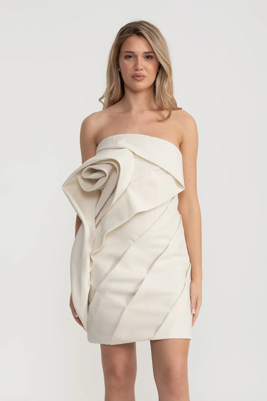 Strapless Sculptural Mini Dress with Draped Rosette Detail - Ivoire