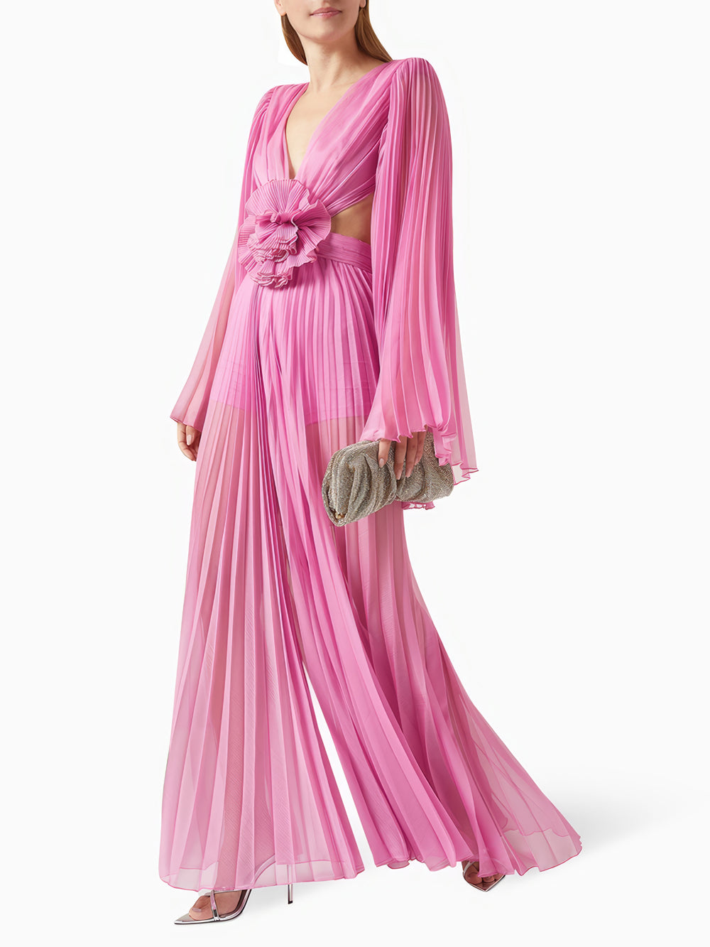 Pleated Bell Sleeve Cut-Out Maxi Dress