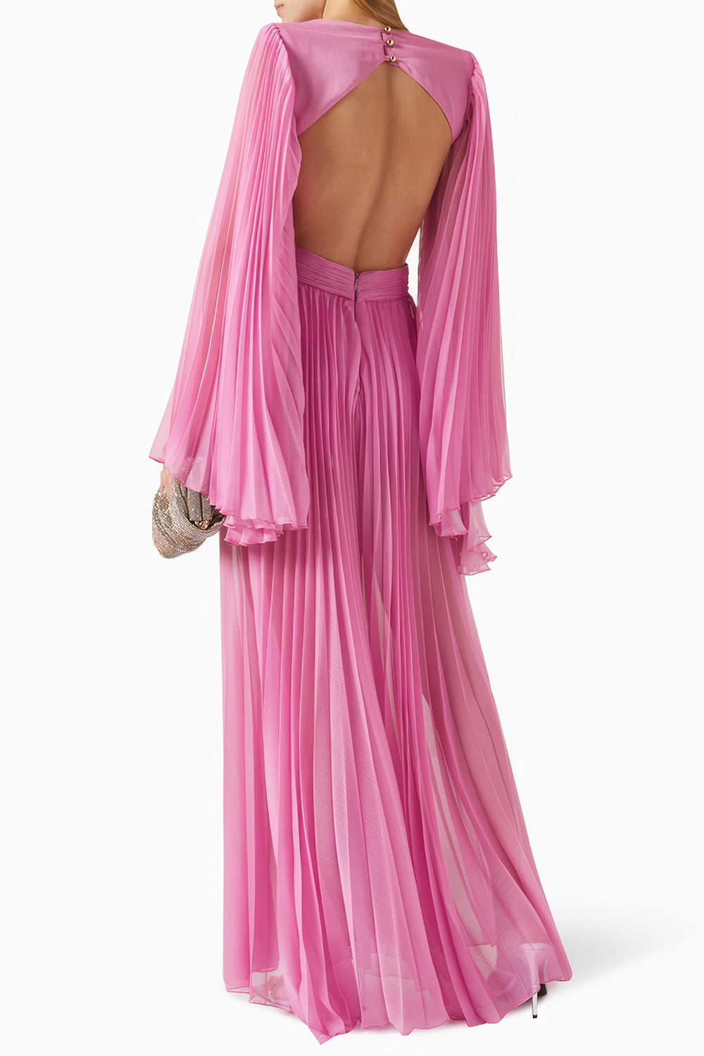 Pleated Bell Sleeve Cut-Out Maxi Dress