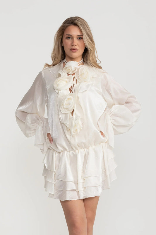 Organza Rosette Mini Dress with Tiered Skirt - White