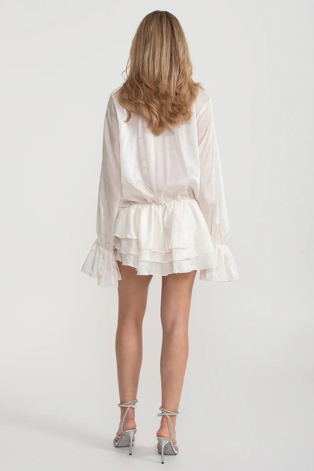 Organza Rosette Mini Dress with Tiered Skirt - White