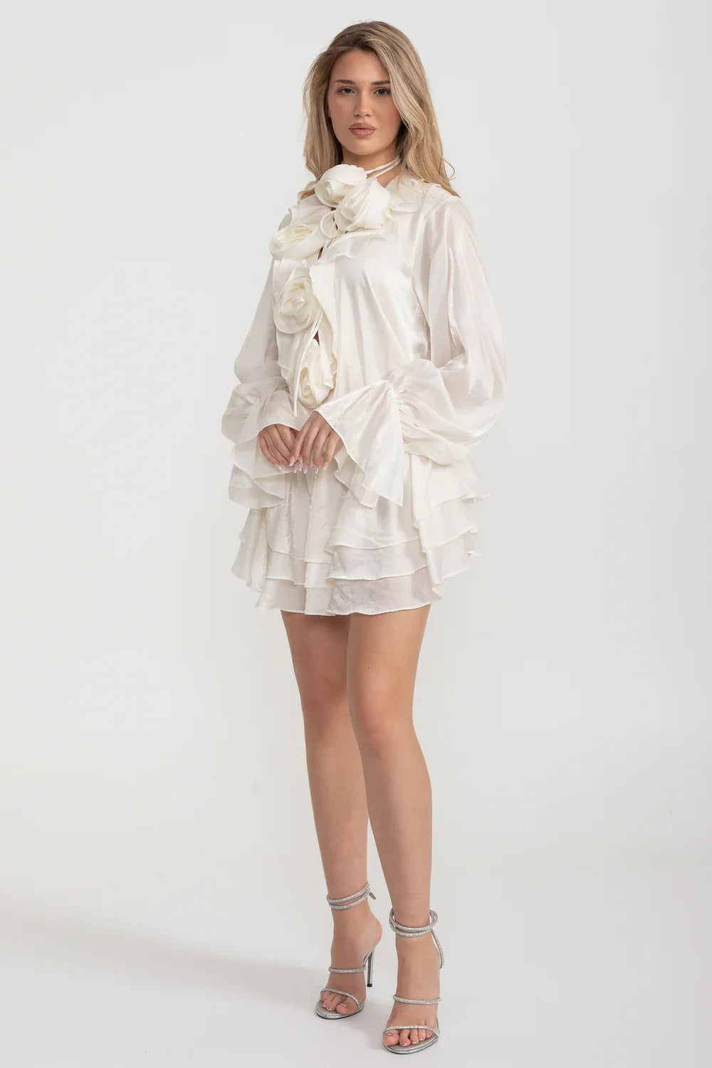 Organza Rosette Mini Dress with Tiered Skirt - White