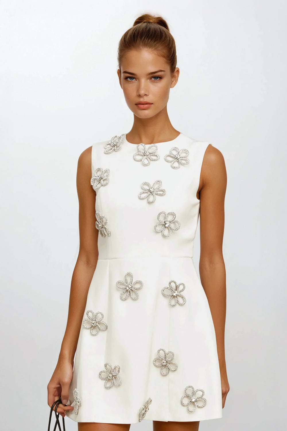 Sleeveless Mini Dress with Beaded Floral Accents - White