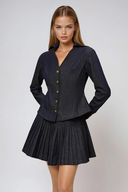 Two-Piece Set with Button-Up Long Sleeve Blazer and Pleated Mini Skirt - Blue