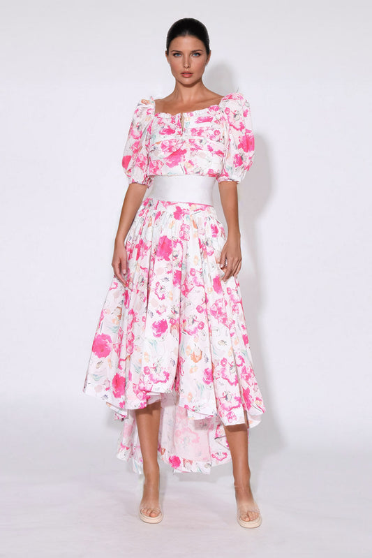 Two-Piece Set with Floral Cropped Top and Pleated Skirt - Pink