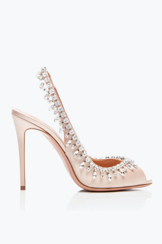 Slingback Heels with Crystal Trim and Open Toe - Pink