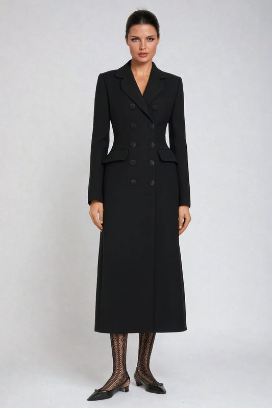 Structured Double-Breasted Longline Trench Coat - Black