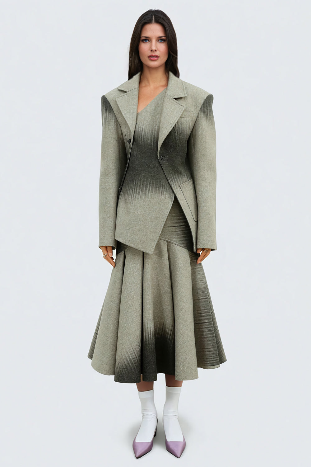 Two-Piece Set with Gradient Blazer Overlay and Flared Skirt - Gray
