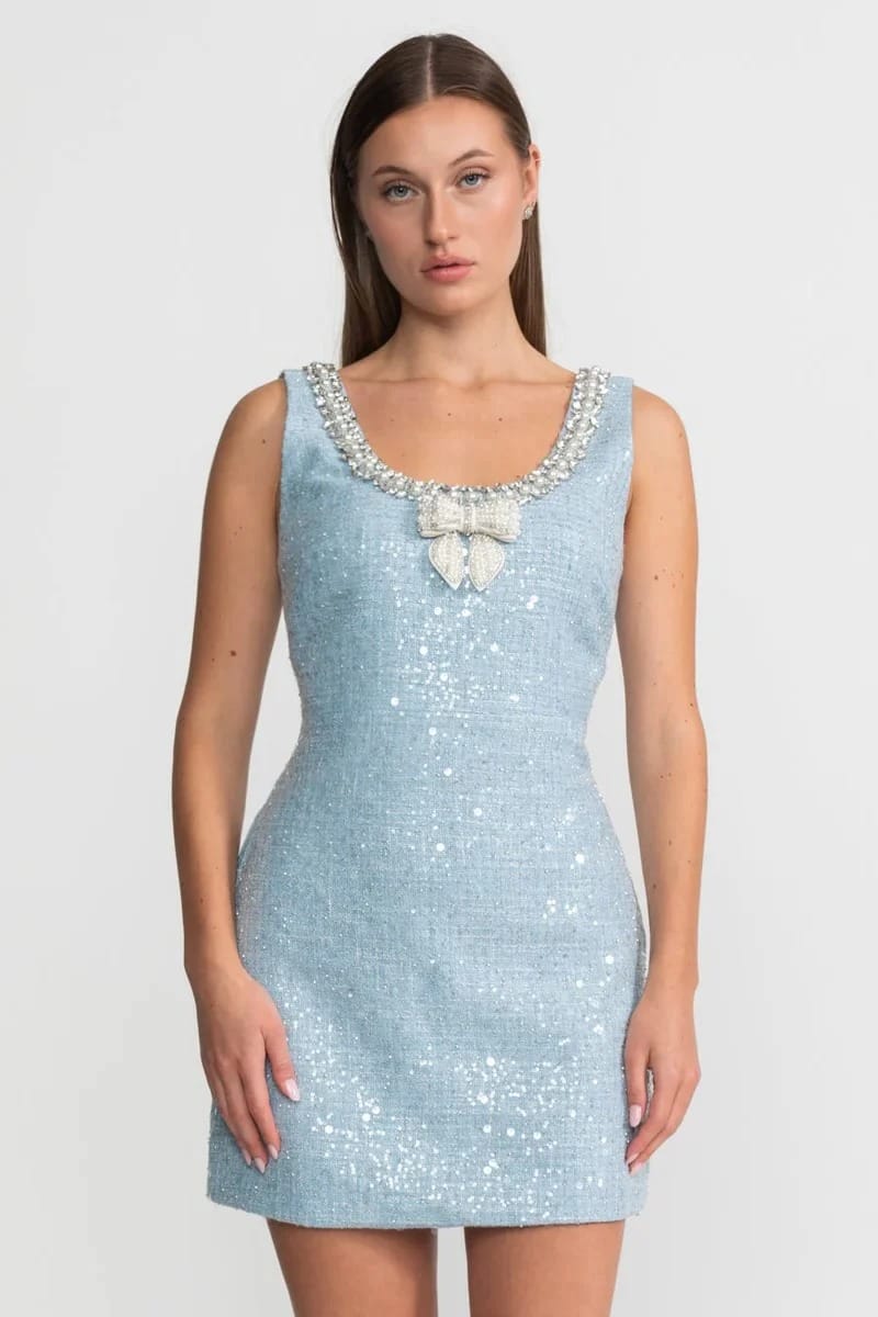 Sleeveless Mini Dress with Beaded Bow Detail - Blue