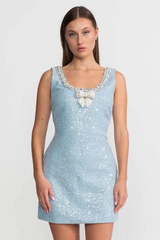 Sleeveless Mini Dress with Beaded Bow Detail - Blue