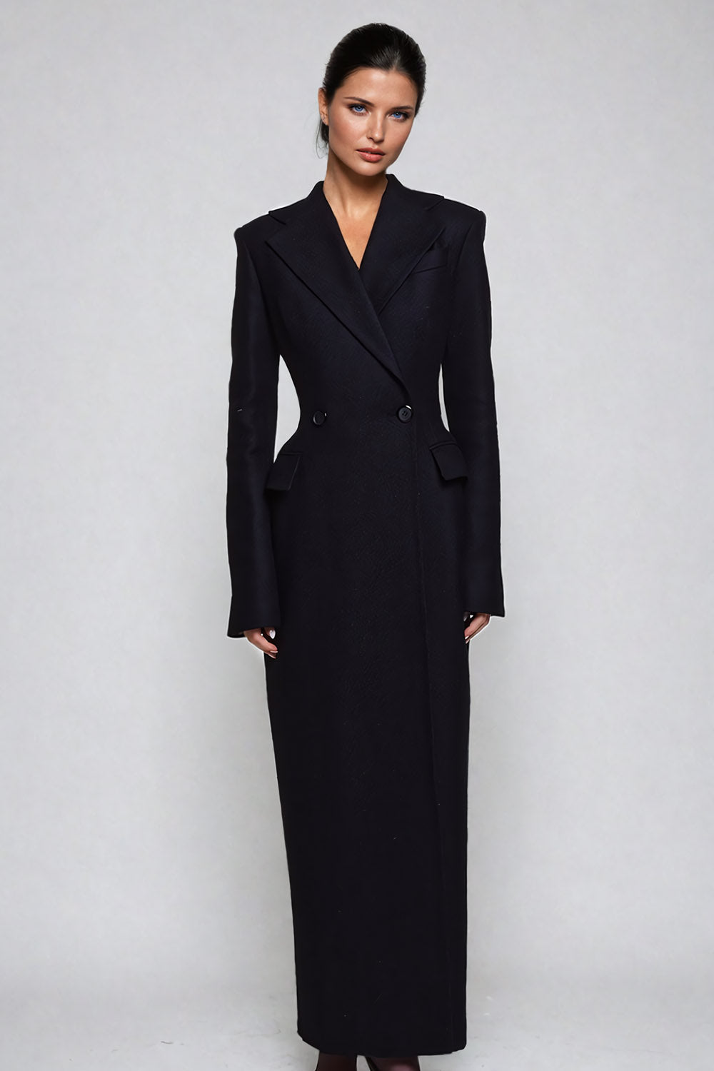 Tailored Long Coat with Lapel Collar - Black