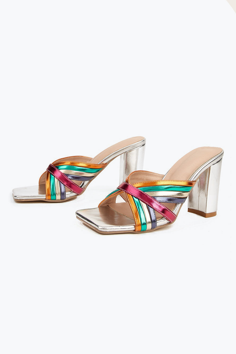 Block Heel Sandals with Multi-Strap Crossover Front - Silver