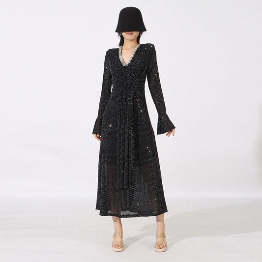 Long Sleeve Midi Dress with Sequin Detail - Black