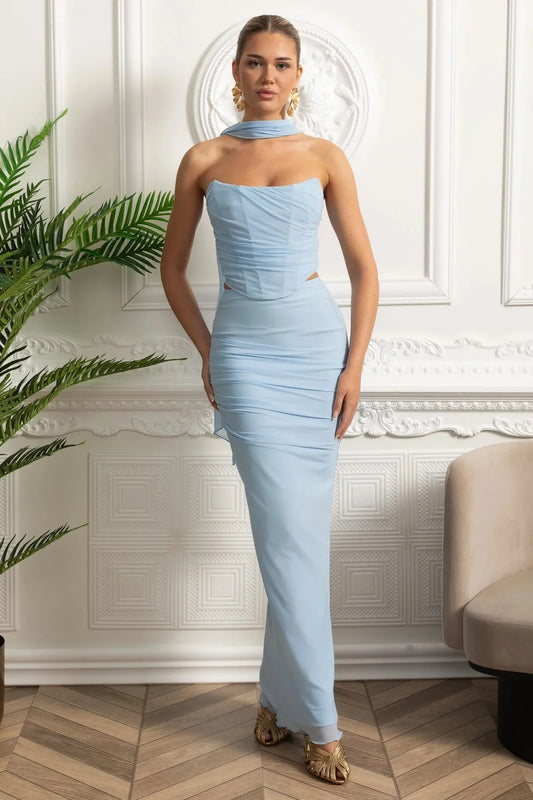 Strapless Maxi Dress With Draped Neck Scarf and Ruched Bodice - Blue