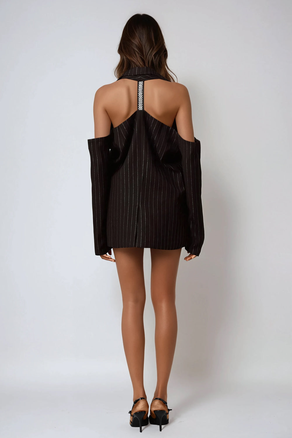 Off-Shoulder Pinstripe Blazer - Black