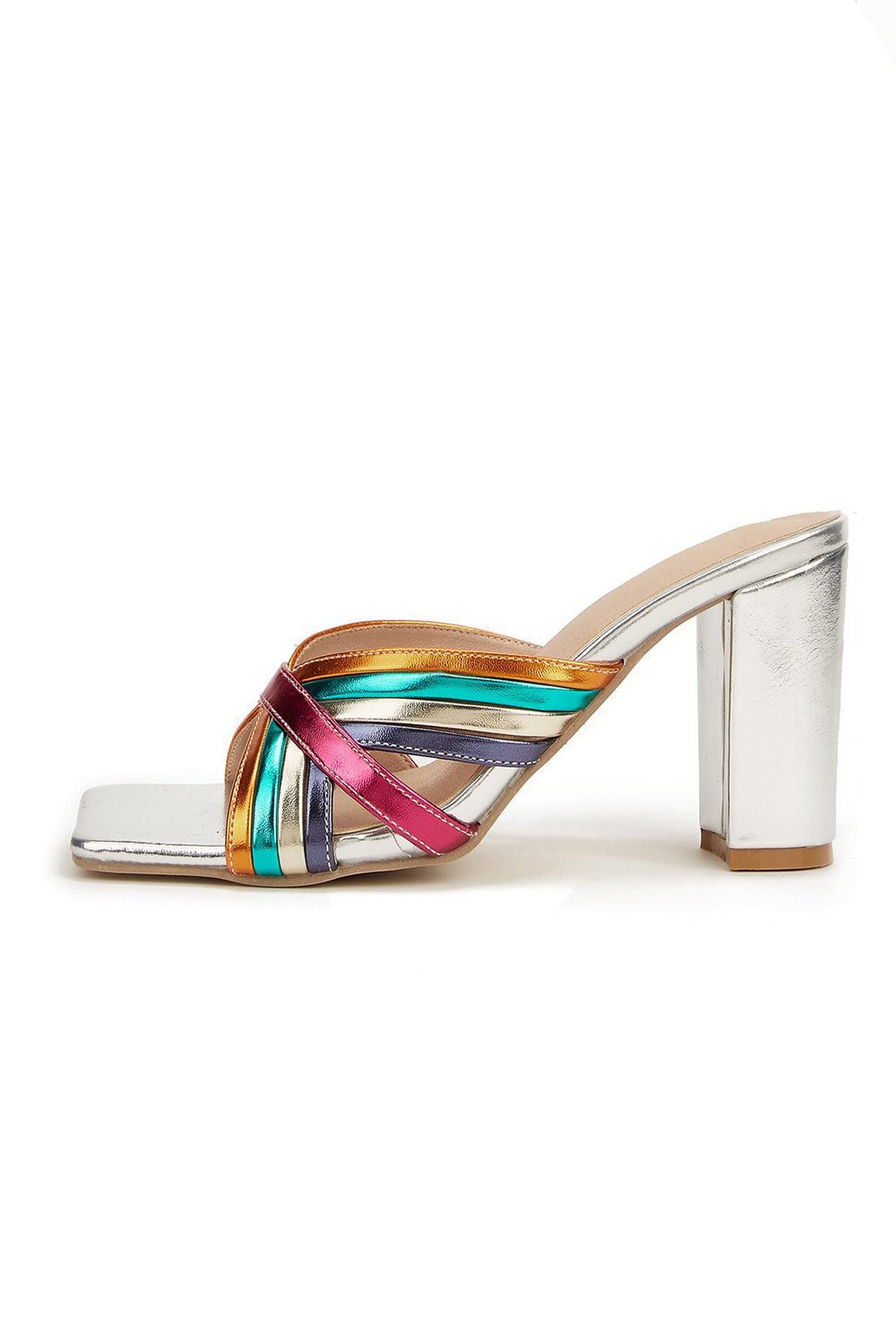 Block Heel Sandals with Multi-Strap Crossover Front - Silver