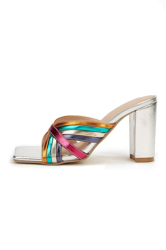 Block Heel Sandals with Multi-Strap Crossover Front - Silver