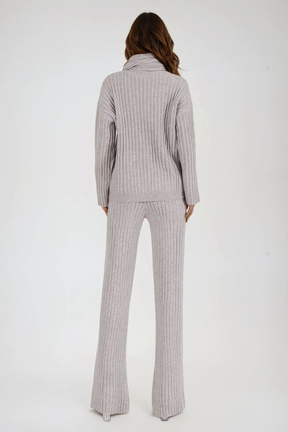 Two-Piece Set with Ribbed Sweater and Wide-Leg Trousers  - Gray