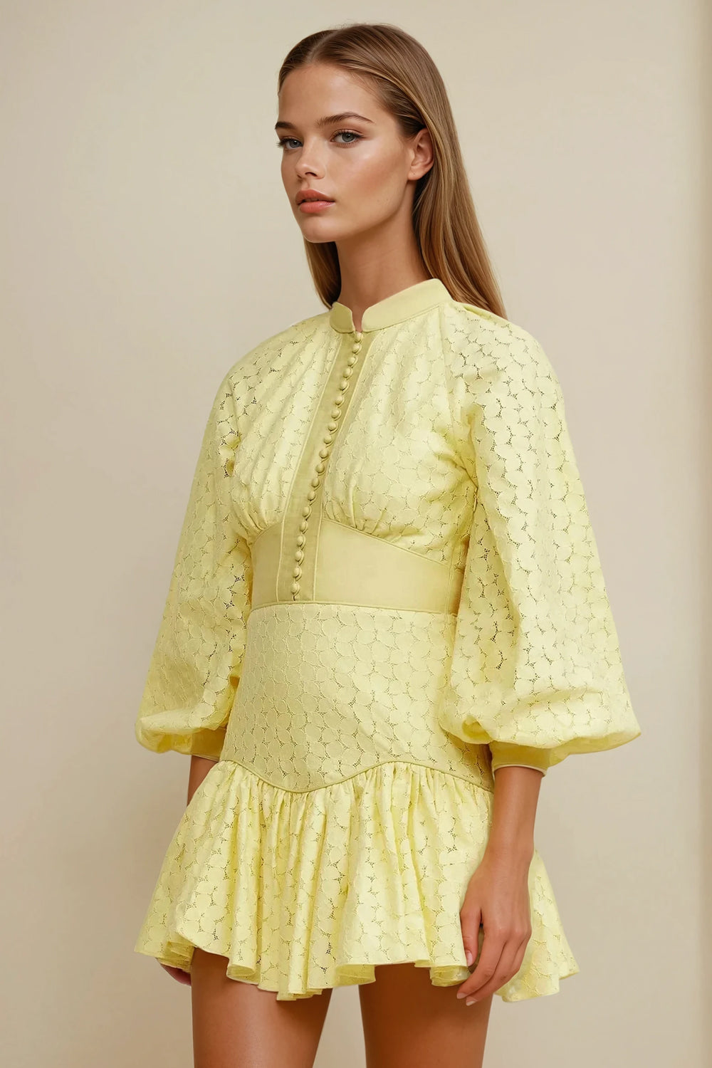 Mini Dress with Lace Balloon Sleeves and Corset Detail - Yellow