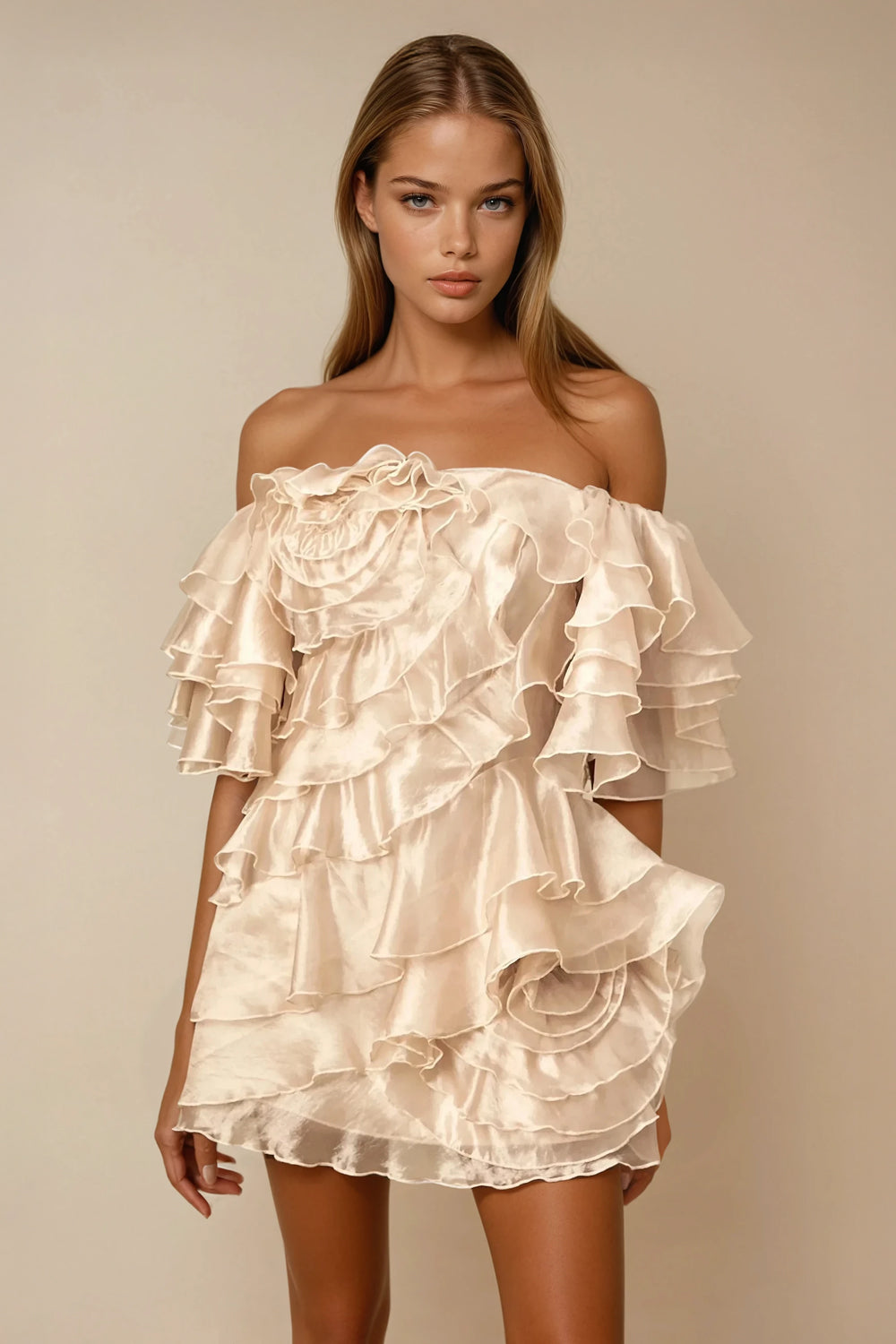 Off Shoulder Mini Dress with Layered Ruffles - White