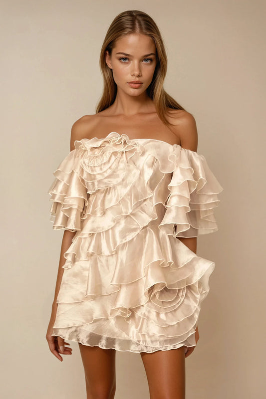 Off Shoulder Mini Dress with Layered Ruffles - White